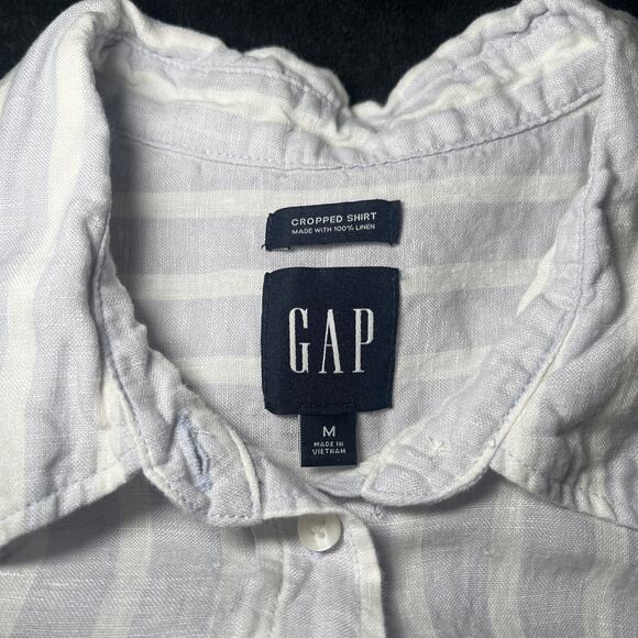 Gap 100% Linen Cropped Shirt Button Up Womens Size M Blue White Stripe Boxy - Picture 3 of 7